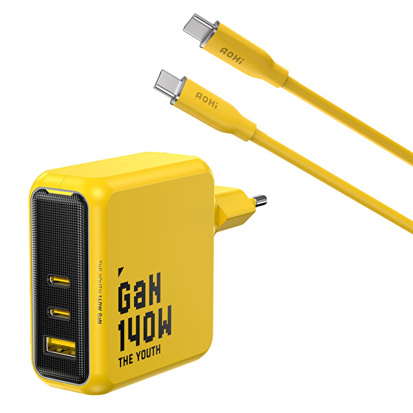 Aohi Youth 140W 3 Portlu Şarj Adaptörü 140W 1 M PD 3.1 480 Mbps Süper Hızlı Sarı Siyah Şarj Data Kablosu Seti
