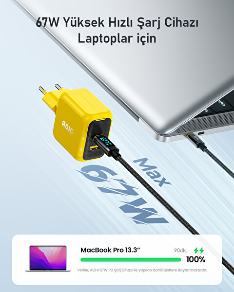 Aohi Magcube 67W 2 Portlu Şarj Adaptörü 140W 1 M PD 3.1 480 Mbps Süper Hızlı Sarı Siyah Şarj Data Kablosu Seti