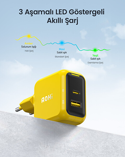Aohi Magcube 67W 2 Portlu Şarj Adaptörü 140W 1 M PD 3.1 480 Mbps Süper Hızlı Sarı Siyah Şarj Data Kablosu Seti