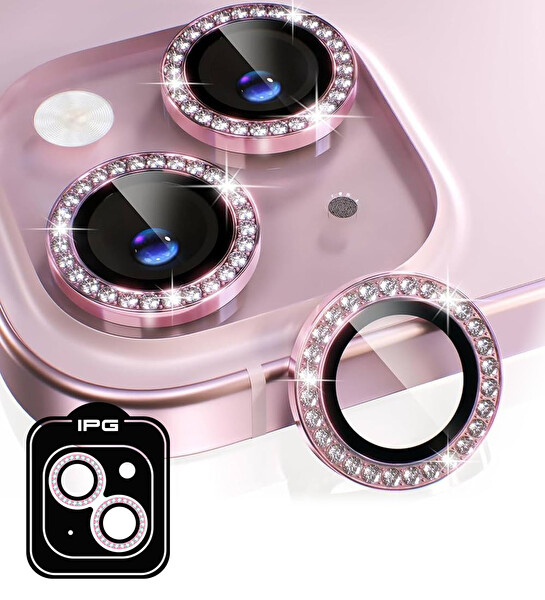 IPG ProLENS iPhone 14 / 14 Plus Kamera Lens Koruyucu Elmas Taş Çerçeveli Kırılmaz Cam Pembe