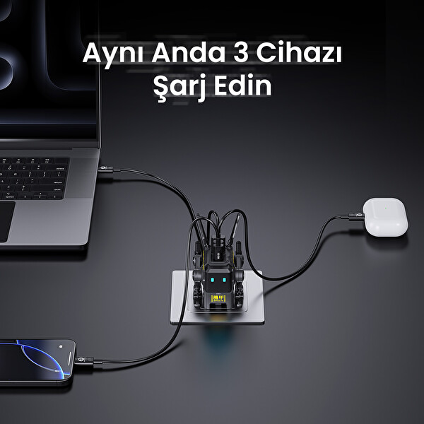 GravaStar Alpha65 Robot Figürlü 65W Gri Hızlı Şarj Adaptörü ve Şarj Standı