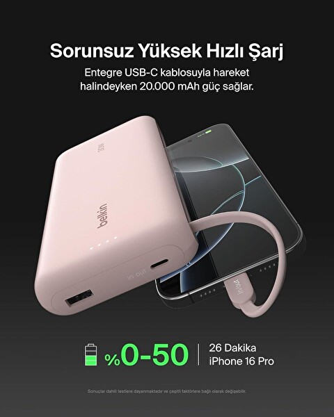 Belkin BPB024HQPK 30W 20K Ent Kablo Pembe Powerbank