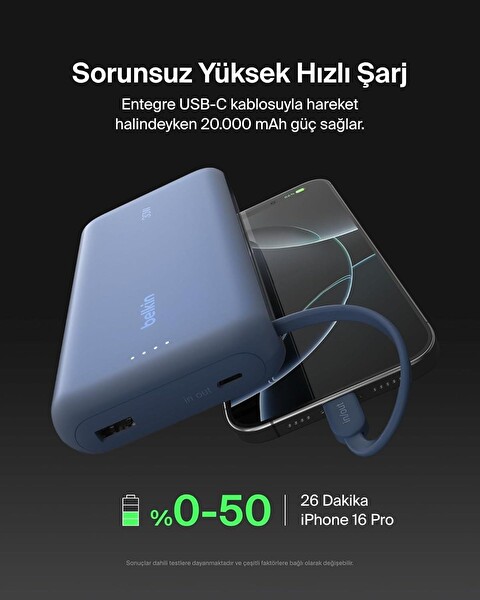 Belkin BPB024HQBL 30W 20K Ent Kablo Mavi Powerbank