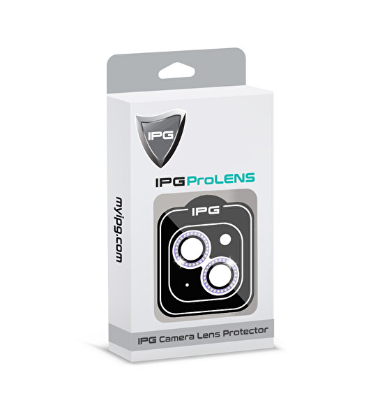 IPG ProLENS iPhone 14 / 14 Plus Kamera Lens Koruyucu Elmas Taş Çerçeveli, Kırılmaz Cam Mor