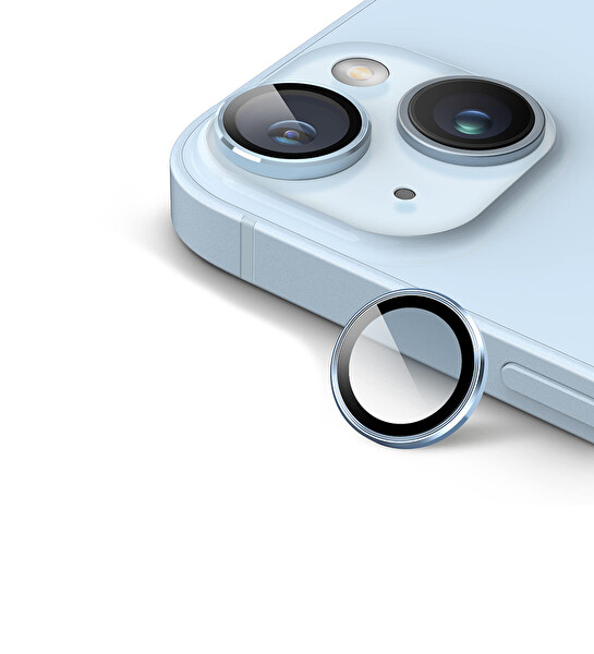 IPG ProLENS iPhone 15 / 15 Plus Kamera Lens Koruyucu Alüminyum CD Çerçeveli, Kırılmaz Cam Açık Mavi