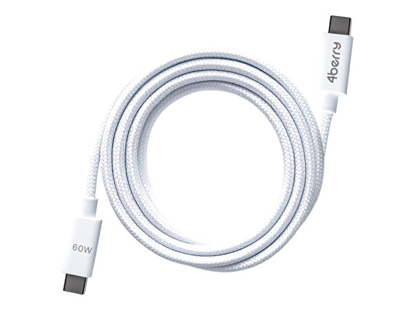 4Berry ECO-CC USB-C-C Örgülü 2 M 60 W Beyaz Şarj Kablosu