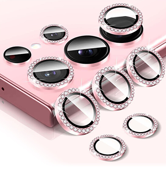 IPG ProLENS Samsung Galaxy S24 Ultra Kamera Lens Koruyucu Alüminyum Taşlı Çerçeveli Kırılmaz Cam Pembe