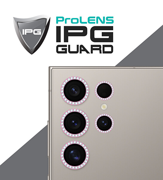 IPG ProLENS Samsung Galaxy S24 Ultra Kamera Lens Koruyucu Alüminyum Taşlı Çerçeveli Kırılmaz Cam Pembe