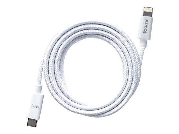 4Berry ECO-CL USB-C-Lightning Örgülü 2 M 20 W Beyaz Hızlı Şarj Kablosu