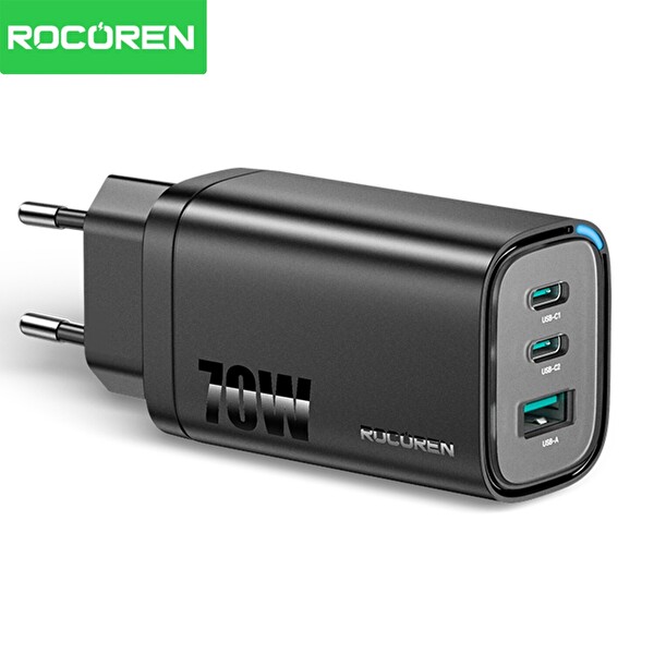 Rocoren 70W GaN 3 Portlu Type-C ve USB-A Hızlı Şarj Aleti