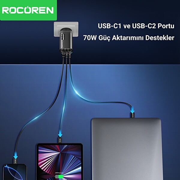 Rocoren 70W GaN 3 Portlu Type-C ve USB-A Hızlı Şarj Aleti