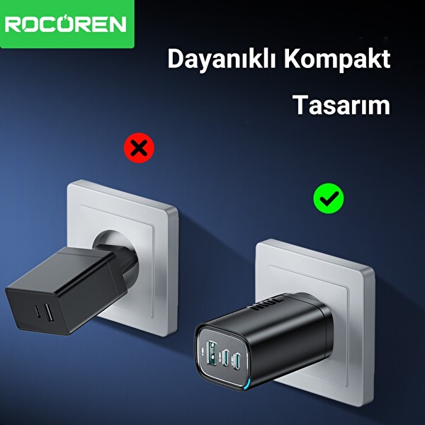 Rocoren 70W GaN 3 Portlu Type-C ve USB-A Hızlı Şarj Aleti