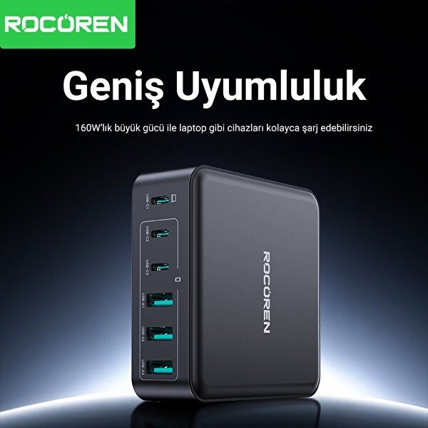 Rocoren 160W 6 Portlu 3 x Type-C Ve 3 x USB-A Laptop Uyumlu GaN Masaüstü Şarj İstasyonu