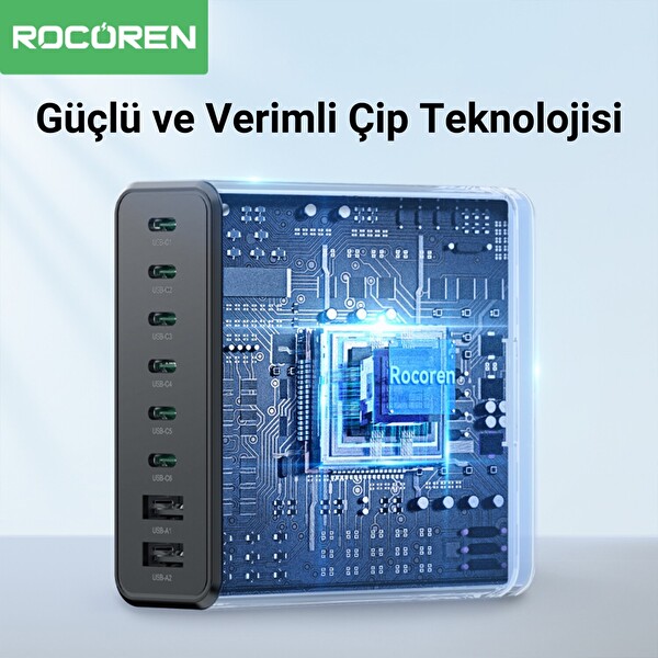 Rocoren 200W GaN 8 Portlu 6 x Type-C 2 x USB-A Şarj Cihazı