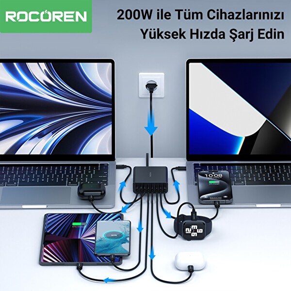 Rocoren 200W GaN 8 Portlu 6 x Type-C 2 x USB-A Şarj Cihazı