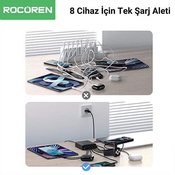 Rocoren 200W GaN 8 Portlu 6 x Type-C 2 x USB-A Şarj Cihazı