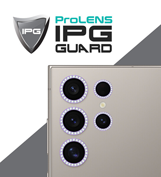 IPG ProLENS Samsung Galaxy S24 Ultra Kamera Lens Koruyucu Alüminyum Taşlı Çerçeveli Kırılmaz Cam Mor