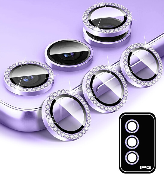 IPG Samsung Galaxy S24 Uyumlu Kamera Lens Koruyucu Elmas Taşlı Çerçeveli Kırılmaz Cam Mor