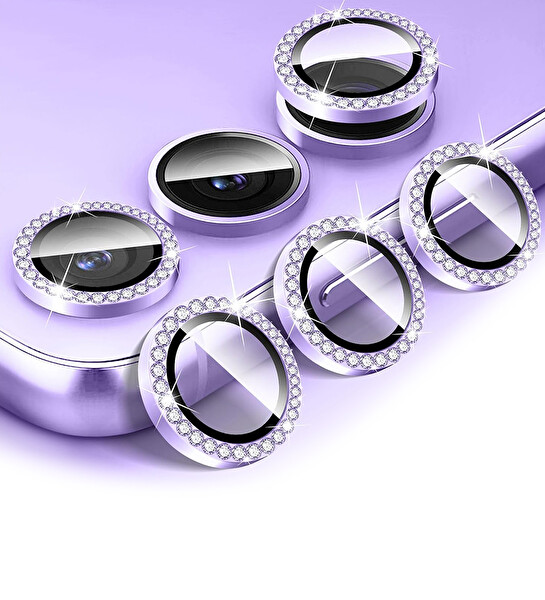 IPG Samsung Galaxy S24 Uyumlu Kamera Lens Koruyucu Elmas Taşlı Çerçeveli Kırılmaz Cam Mor