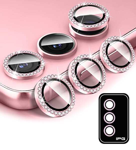 IPG Samsung Galaxy S24 Uyumlu Kamera Lens Koruyucu Elmas Taşlı Çerçeveli Kırılmaz Cam Pembe