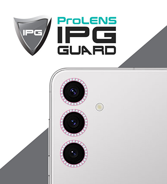 IPG Samsung Galaxy S24 Uyumlu Kamera Lens Koruyucu Elmas Taşlı Çerçeveli Kırılmaz Cam Pembe