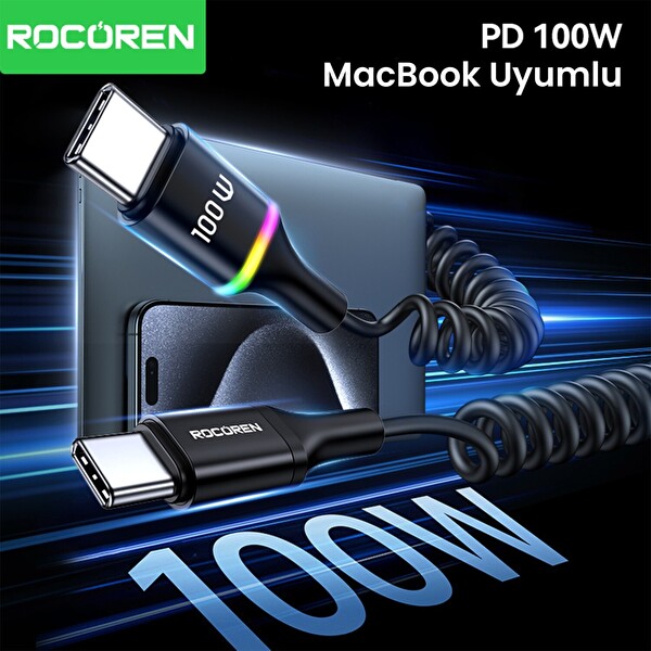Rocoren 100W 5A E-Marker Çipli Spiral Type-C To Type-C 1.6 Metre Hızlı Şarj ve Data Kablosu