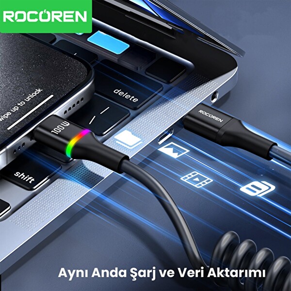 Rocoren 100W 5A E-Marker Çipli Spiral Type-C To Type-C 1.6 Metre Hızlı Şarj ve Data Kablosu