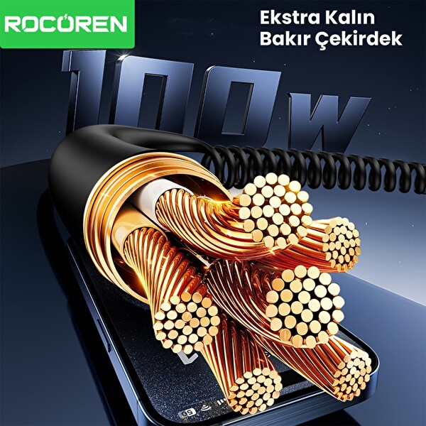Rocoren 100W 5A E-Marker Çipli Spiral Type-C To Type-C 1.6 Metre Hızlı Şarj ve Data Kablosu