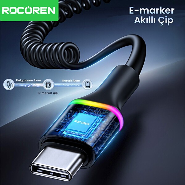 Rocoren 100W 5A E-Marker Çipli Spiral Type-C To Type-C 1.6 Metre Hızlı Şarj ve Data Kablosu