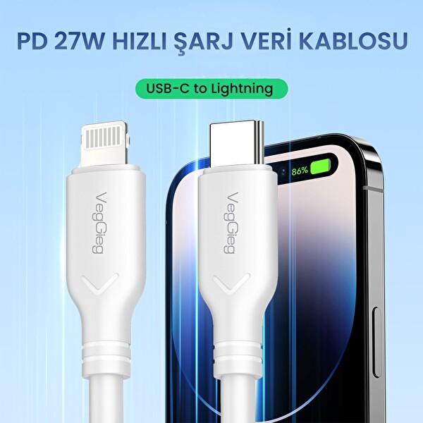 VegGieg 27W Type-C To Lightning iPhone iPad Uyumlu 1.2 Metre PD Hızlı Şarj ve Data Kablosu