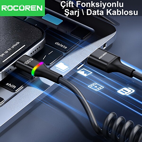 Rocoren 100W 7A Spiral RGB LED Işıklı Spiral Type-C 1.6 Metre Hızlı Şarj ve Data Kablosu