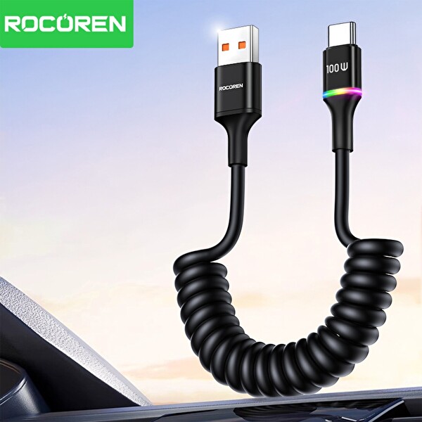 Rocoren 100W 7A Spiral RGB LED Işıklı Spiral Type-C 1.6 Metre Hızlı Şarj ve Data Kablosu