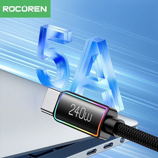 Rocoren 240W Type-C To Type-C RGB Aydınlatmalı Örgülü 2 Metre Şarj ve Data Kablosu