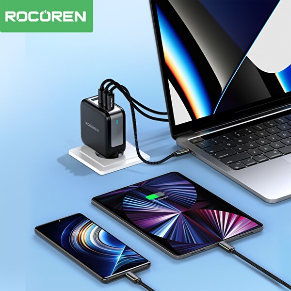 Rocoren 240W Type-C To Type-C RGB Aydınlatmalı Örgülü 2 Metre Şarj ve Data Kablosu