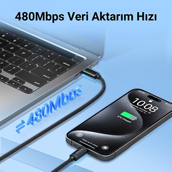 Rocoren 240W Type-C To Type-C RGB Aydınlatmalı Örgülü 1 Metre Şarj ve Data Kablosu