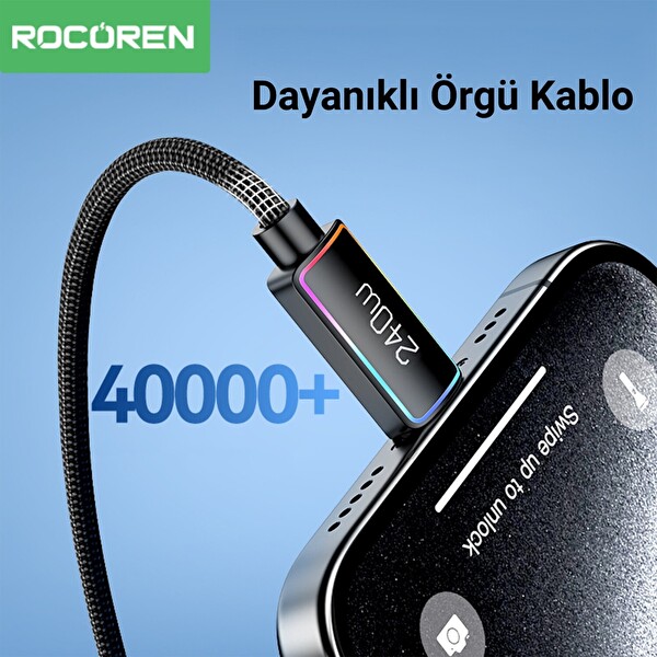 Rocoren 240W Type-C To Type-C RGB Aydınlatmalı Örgülü 1 Metre Şarj ve Data Kablosu