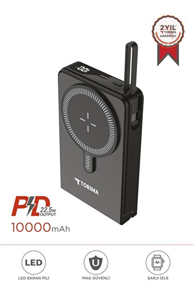 Torima TRM-1019 Siyah 10000 mAh MagSafe Kablosuz Type-C 22.5W Hızlı Şarj Powerbank