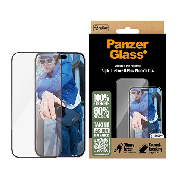 Panzerglass iPhone 16 Plus - 15 Plus - Ultra-Wide Fit Çerçeve Aparatlı Tam Koruma Ekran Koruyucu