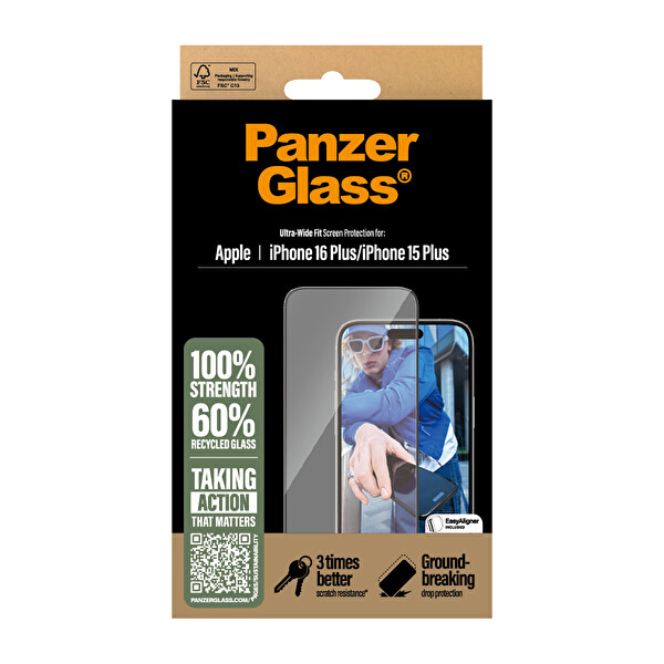 Panzerglass iPhone 16 Plus - 15 Plus - Ultra-Wide Fit Çerçeve Aparatlı Tam Koruma Ekran Koruyucu