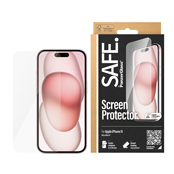 Panzerglass Safe by Panzerglass iPhone 15 - Ultra-Wide Fit Çerçeve Aparatlı Tam Koruma Ekran Koruyucu