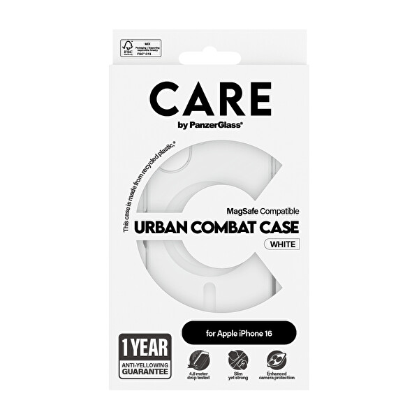Panzerglass Care by Panzerglass Flagship iPhone 16 Beyaz MagSafe Uyumlu Urban Combat Şeffaf Telefon Kılıfı