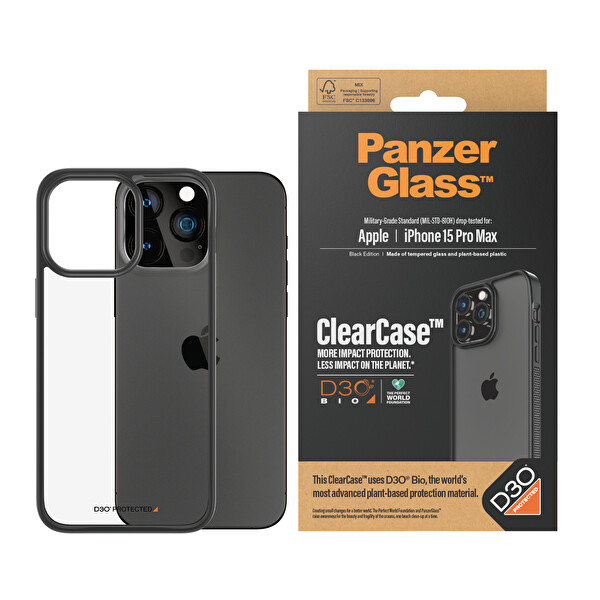 Panzerglass ClearCaseiPhone 15 Pro Max D3O Darbeye Karşı Korumalı Şeffaf Siyah Çerçeveli Telefon Kılıfı
