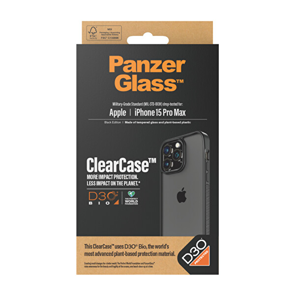 Panzerglass ClearCaseiPhone 15 Pro Max D3O Darbeye Karşı Korumalı Şeffaf Siyah Çerçeveli Telefon Kılıfı