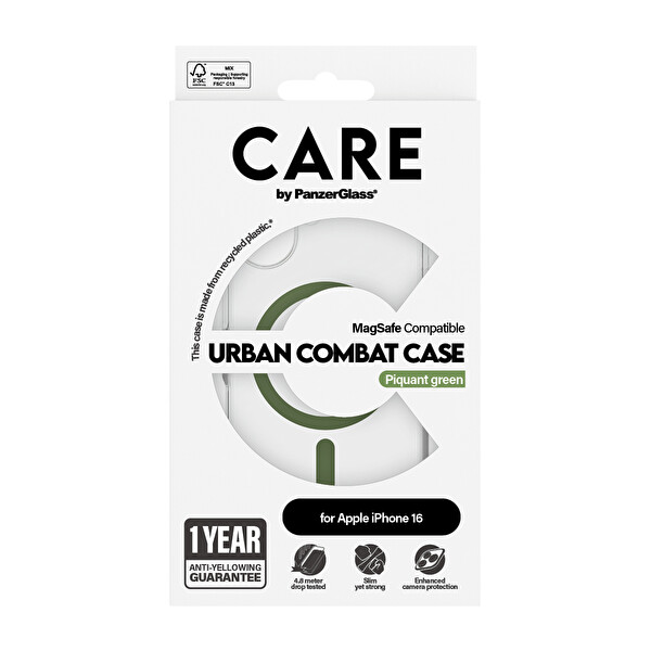 Panzerglass Care by Panzerglass Flagship iPhone 16 MagSafe Uyumlu Urban Combat Şeffaf-Yeşil Telefon Kılıfı