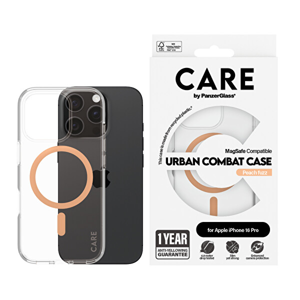 Panzerglass Care by Panzerglass Flagship iPhone 16 Pro MagSafe Uyumlu Urban Combat Şeffaf-Şeftali Telefon Kılıfı