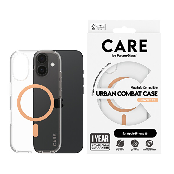 Panzerglass Care by Panzerglass Flagship iPhone 16 MagSafe Uyumlu Urban Combat Şeffaf-Şeftali Telefon Kılıfı
