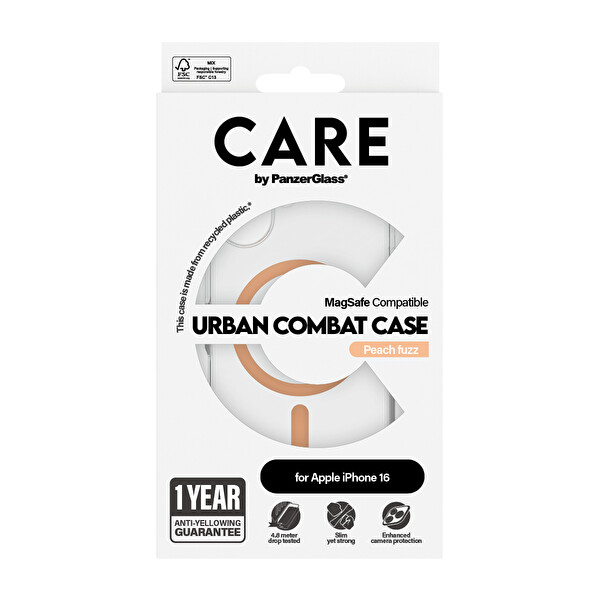 Panzerglass Care by Panzerglass Flagship iPhone 16 MagSafe Uyumlu Urban Combat Şeffaf-Şeftali Telefon Kılıfı