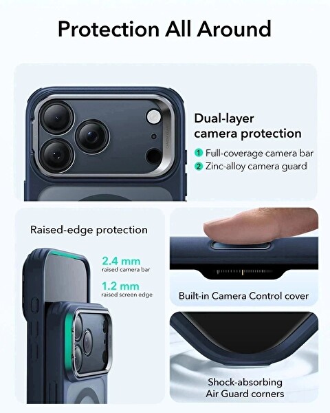 ESR Apple iPhone 17 Pro Classic Hybrid Kamera Kontrol Koruma Butonlu Magsafe Standlı Kapak
