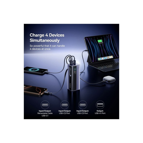 Baseus Energeek GR11 145W 20.000 mAH Geri Çekilebilir Dahili Type-C Kablolu 2x Type-C 1xUsb Uzay Gri Powerbank