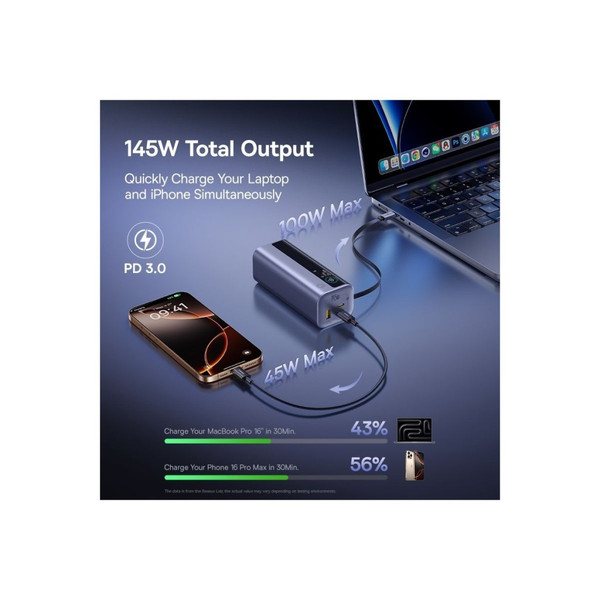 Baseus Energeek GR11 145W 20.000 mAH Geri Çekilebilir Dahili Type-C Kablolu 2x Type-C 1xUsb Uzay Gri Powerbank